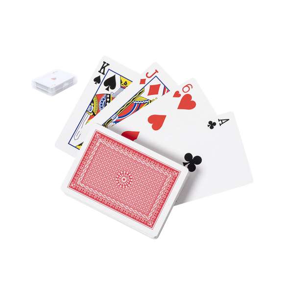  	Baraja francesa fabricada en resistente papel laminado. Incluye 54 naipes, presentados en estuche individual de acabado translúcido y con cierre de seguridad.
