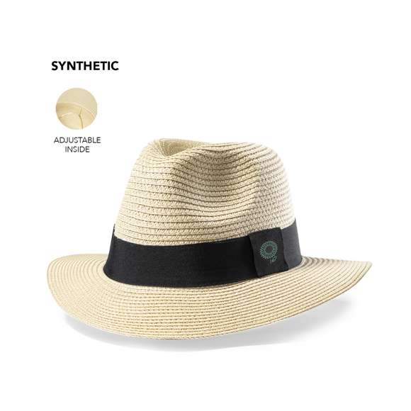 Sombrero de ala ancha y alta calidad en material sintético, con acabado natural. Ajustable desde el interior, con cinta exterior y confortable cinta interior. Disponible en variada gama de colores.