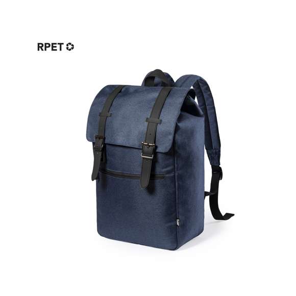 Mochila urban de línea nature, fabricada en resistente poliéster 300D RPET libre de PVC, elaborado a partir de plástico reciclado, para así fomentar la reutilización de residuos plásticos y contribuir a la sostenibilidad del planeta. Bolsillo principal con tiras y cierres de hebilla metálicos con bolsillo frontal de cremallera y tirador metálico. Interior con bolsillo acolchado para portátil de hasta 15 pulgadas y tablet de hasta 10 pulgadas. Cintas ajustables para hombro acolchadas, con distintivo RPET en etiqueta exterior.