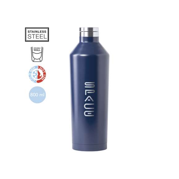 Bidón térmico de acero inox, con doble pared y aislamiento de cobre al vacío, que permite mantener el calor y el frio durante un tiempo más prolongado, llegando a las 12 y 48 horas respectivamente. De 800ml de capacidad, con tapón de seguridad libre de BPA y disponible en variada gama de colores metalizados. Presentado en atractiva caja de diseño.