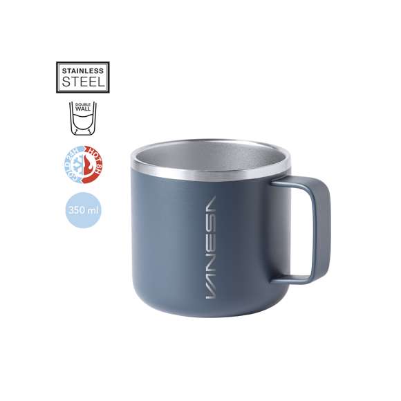 Taza de acero inox de doble capa y 350ml de capacidad, en elegante acabado bicolor. Presentada en caja individual.
