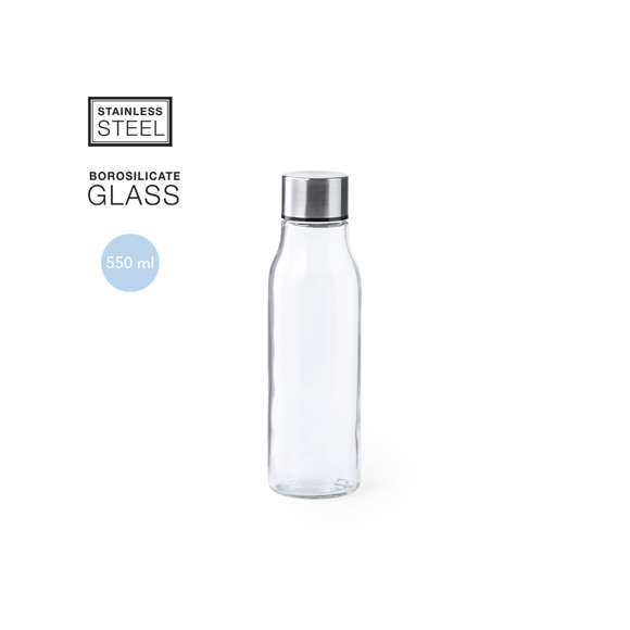 Bidón en alta calidad, de 550ml de capacidad. Fabricado en cristal de borosilicato, que ofrece una resistencia y durabilidad excepcionales, alargando su vida útil y pudiendo ser reutilizado infinidad de veces. Tapón en acero inox, libre de BPA. Presentado en atractiva caja de diseño.