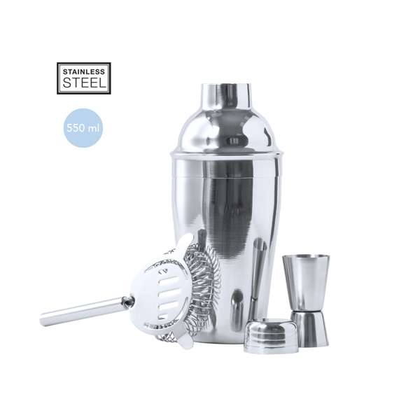 Set cóctel de 3 accesorios, fabricado en acero inox de acabado cromado. Incluye: Cocktelera de 550ml de capacidad, con cierre de seguridad y tapón dosificador en parte superior.Colador con asa.Medidor single/double.