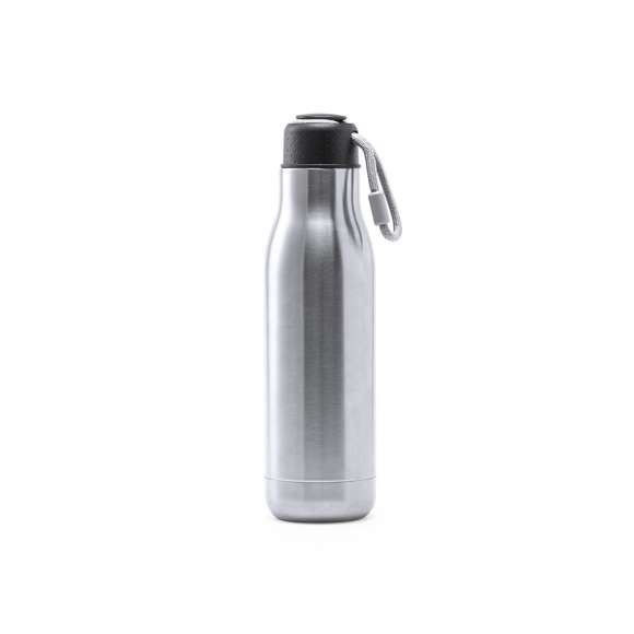 Bidón térmico de acero inox y doble pared de 830ml de capacidad y de acabado brillo. Tapón de seguridad libre de BPA y presentado en atractiva caja de diseño.