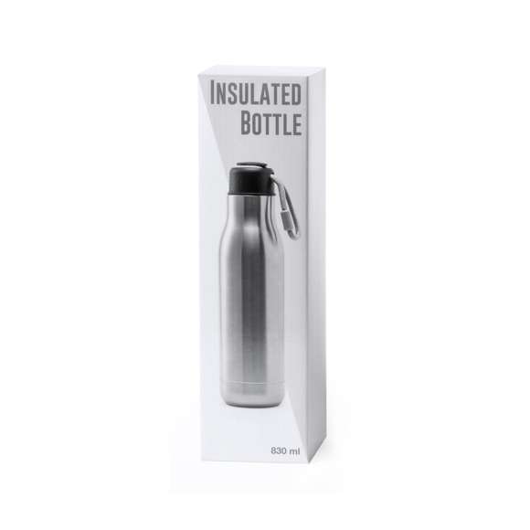 Bidón térmico de acero inox y doble pared de 830ml de capacidad y de acabado brillo. Tapón de seguridad libre de BPA y presentado en atractiva caja de diseño.