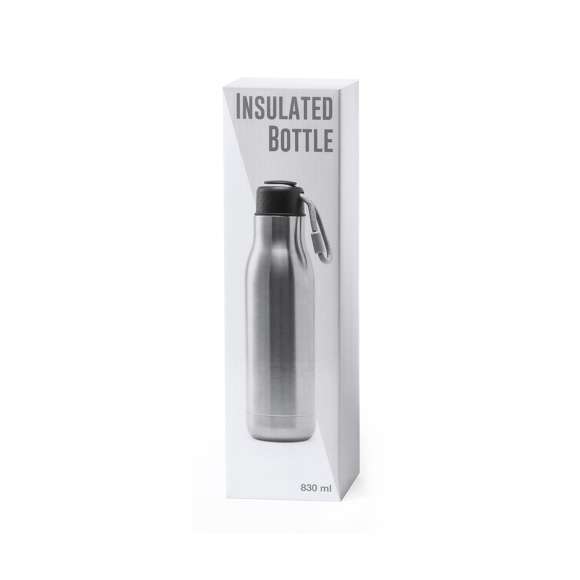 Bidón térmico de acero inox y doble pared de 830ml de capacidad y de acabado brillo. Tapón de seguridad libre de BPA y presentado en atractiva caja de diseño.