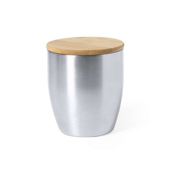Vaso térmico de acero inox, con doble pared y 280ml de capacidad. Tapa fabricada en bambú y presentado en atractiva caja de diseño eco.