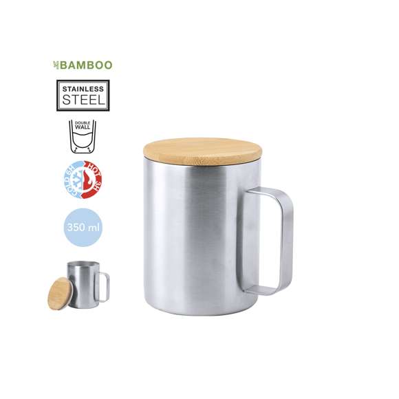 Taza de térmica de acero inox y 350ml de capacidad. Tapa fabricada en bambú y presentada en atractiva caja de diseño eco.