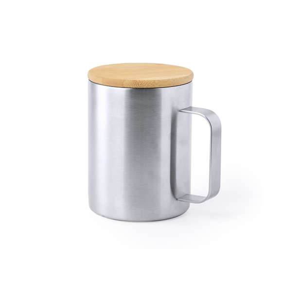 Taza de térmica de acero inox y 350ml de capacidad. Tapa fabricada en bambú y presentada en atractiva caja de diseño eco.