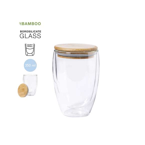 Vaso térmico de línea nature en alta calidad, de doble pared y 350ml de capacidad. Fabricado en cristal de borosilicato, que ofrece una resistencia y durabilidad excepcionales, alargando su vida útil y pudiendo ser reutilizado infinidad de veces. Tapa en bambú y presentado en atractiva caja de diseño eco.