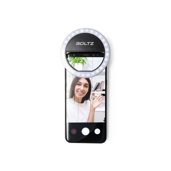 Anillo de luz led con acople para smartphone, fabricado en resistente ABS. 28 ledes, con 3 niveles de intensidad y recargable por USB (cable Micro USB incluido). Presentado en atractiva caja de diseño. Disponible manual en español e inglés.