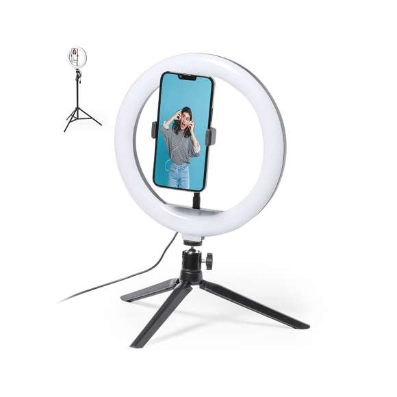  	Set de iluminación. Incluye anillo de luz, trípode de mesa, y trípode de suelo con altura regulable hasta 180cm. 120 ledes, con 3 posiciones de iluminación y 10 niveles de intensidad de luz regulable. Alimentación mediante conexión USB. Cable con controlador y disparador remoto incluidos. Presentado en atractiva caja de diseño.