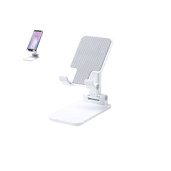 Soporte plegable para smartphones y tablets. Regulable en altura, incluye protecciones de goma antideslizantes en base y soporte. En sobrio acabado de color blanco y con amplia superficie de marcaje, especialmente indicado para impresión en tampografía. Presentado en atractiva caja de diseño.