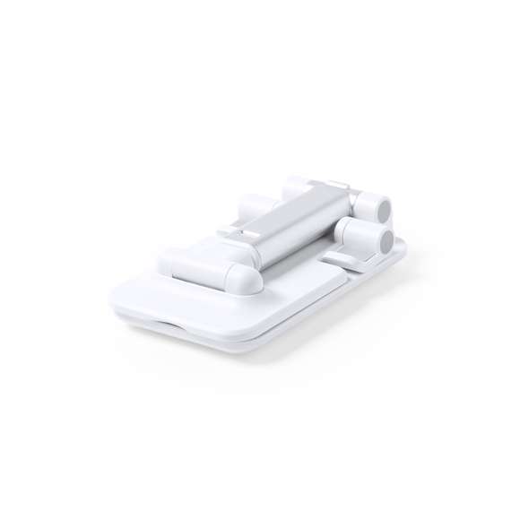 Soporte plegable para smartphones y tablets. Regulable en altura, incluye protecciones de goma antideslizantes en base y soporte. En sobrio acabado de color blanco y con amplia superficie de marcaje, especialmente indicado para impresión en tampografía. Presentado en atractiva caja de diseño.