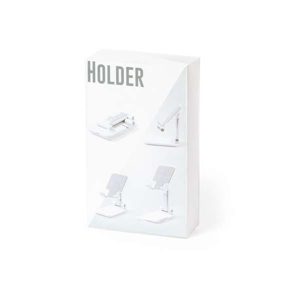 Soporte plegable para smartphones y tablets. Regulable en altura, incluye protecciones de goma antideslizantes en base y soporte. En sobrio acabado de color blanco y con amplia superficie de marcaje, especialmente indicado para impresión en tampografía. Presentado en atractiva caja de diseño.