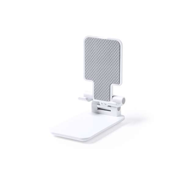 Soporte plegable para smartphones y tablets. Regulable en altura, incluye protecciones de goma antideslizantes en base y soporte. En sobrio acabado de color blanco y con amplia superficie de marcaje, especialmente indicado para impresión en tampografía. Presentado en atractiva caja de diseño.