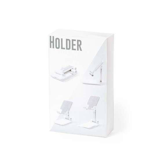 Soporte plegable para smartphones y tablets. Regulable en altura, incluye protecciones de goma antideslizantes en base y soporte. En sobrio acabado de color blanco y con amplia superficie de marcaje, especialmente indicado para impresión en tampografía. Presentado en atractiva caja de diseño.