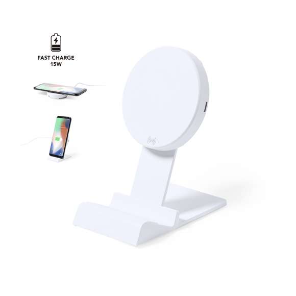 Cargador inalámbrico de carga rápida 15W. En elegante acabado blanco, con base de carga con altura regulable y función soporte para smartphone. Compatible con dispositivos equipados con tecnología de carga inalámbrica. Cable de carga Tipo C incluido, con amplia superficie de marcaje y presentado en atractiva caja de diseño. Disponible manual de instrucciones en español e inglés.  En cumplimiento con los requisitos de seguridad: Sistema de protección contra sobrecalentamiento.Sistema de protección contra sobrecarga.Sistema de bloqueo para evitar cortocircuitos.