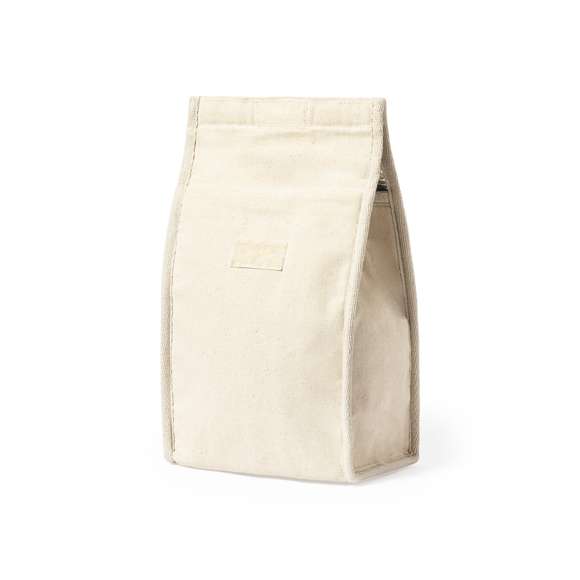 Bolsa térmica en resistente material 100% algodón de 330g/m2. Compartimento principal con cierre de velcro e interior isotermo de aluminio. Capacidad 2,3l.