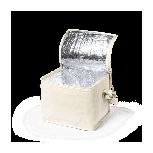 Nevera de línea nature fabricada en material 100% algodón, con interior isotermo acabado en aluminio. Cierre de cremallera con doble tirador de cordón y asa de transporte a juego.