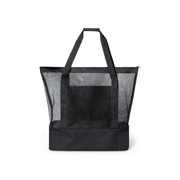 Bolsa nevera en resistente poliéster RPET 600D elaborado a partir de plástico reciclado para así fomentar la reutilización de residuos plásticos y contribuir a la sostenibilidad del planeta. Compartimento principal en redecilla tipo mesh, con cierre de cremallera. Nevera integrada en base, en resistente poliéster 600D RPET, con interior isotermo en PEVA. Asas de transporte reforzadas y amplio bolsillo frontal, con distintivo RPET en etiqueta.