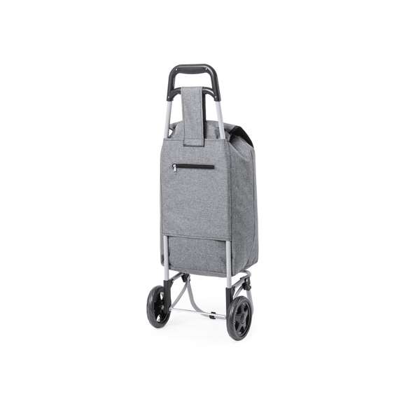 Carro de compra plegable y línea nature. Fabricado en resistente poliéster 600D RPET, elaborado a partir de plástico reciclado, para así fomentar la reutilización de residuos plásticos y ayudar a la sostenibilidad del planeta. Con asa reforzada, cuerpo metálico tubular, bolsillo de cremallera posterior y soportes con gomas de protección. Ruedas reforzadas de alta calidad. Etiqueta distintiva RPET en la solapa.