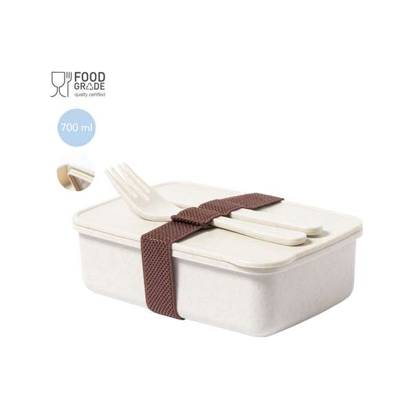 Fiambrera fabricada en PP veteado libre de BPA. De 700ml de capacidad, incluye cinta elástica de seguridad con tenedor y cuchillo. Certificación Food Grade, garantizando la seguridad cuando los alimentos entran en contacto con el material usado para fabricar el producto.