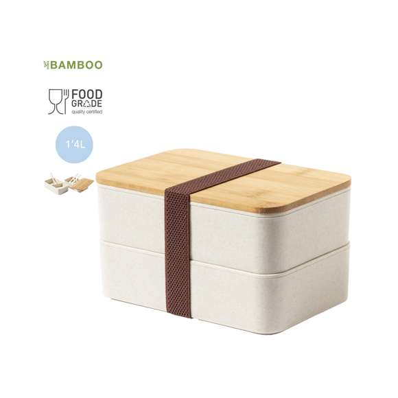 Fiambrera de 1,4l en resistente material PP veteado libre de BPA, con tapa de bambú. Dos compartimentos, cada uno de 700 ml de capacidad. Compartimento interior con tenedor, cuchara y cuchillo. Incluye cinta de seguridad exterior. Certificación Food Grade, garantizando la seguridad cuando los alimentos entran en contacto con el material usado para fabricar el producto.