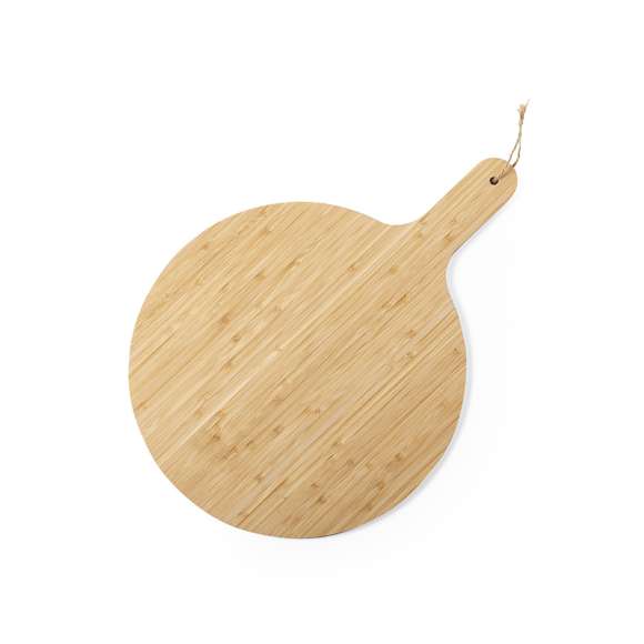 Tabla de línea nature fabricada en bambú pulido, ideal para presentación, con asa para fácil manejo y cordón para colgar en yute.