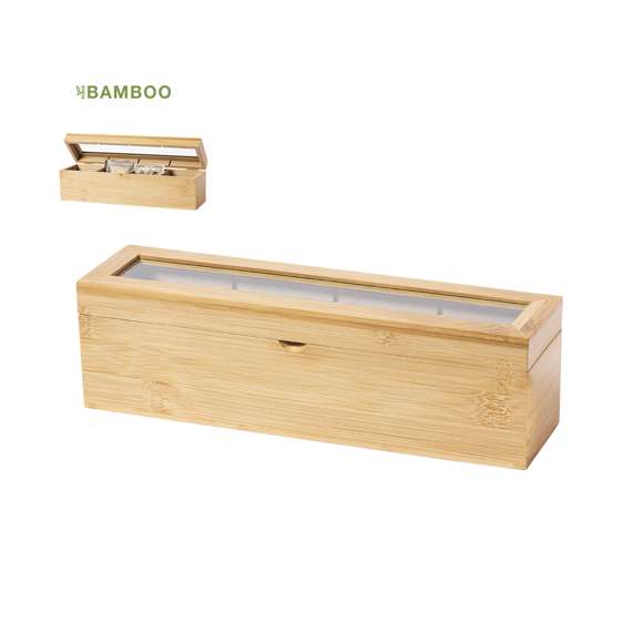 Caja para té de línea nature, fabricada en bambú, con cristal en tapa. Incluye 4 compartimentos para almacenar distintos tipos de té. Presentada en atractiva caja de diseño eco.