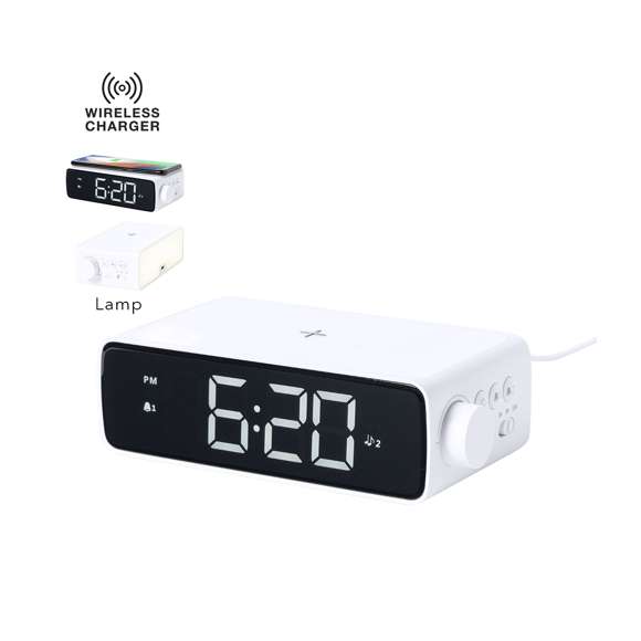 Reloj multifunción de elegante diseño en color blanco con cargador inalámbrico de 10W integrado y lámpara led integrada. Con función fecha/hora, alarma y lámpara de 36 ledes con intensidad de luz regulable. Conexión USB, con cable Tipo C incluido de 100 cm y alimentación auxiliar a pilas de botón (incluida). Compatible con dispositivos equipados con tecnología de carga inalámbrica. Presentado en atractiva caja de diseño.En cumplimiento con los requisitos de seguridad: Sistema de protección contra sobrecalentamiento. Sistema de protección contra sobrecarga.