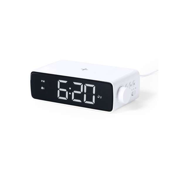 Reloj multifunción de elegante diseño en color blanco con cargador inalámbrico de 10W integrado y lámpara led integrada. Con función fecha/hora, alarma y lámpara de 36 ledes con intensidad de luz regulable. Conexión USB, con cable Tipo C incluido de 100 cm y alimentación auxiliar a pilas de botón (incluida). Compatible con dispositivos equipados con tecnología de carga inalámbrica. Presentado en atractiva caja de diseño.En cumplimiento con los requisitos de seguridad: Sistema de protección contra sobrecalentamiento. Sistema de protección contra sobrecarga.