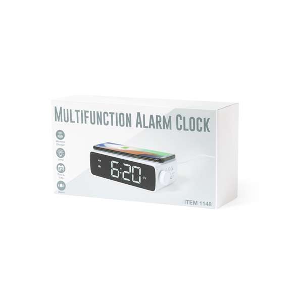 Reloj multifunción de elegante diseño en color blanco con cargador inalámbrico de 10W integrado y lámpara led integrada. Con función fecha/hora, alarma y lámpara de 36 ledes con intensidad de luz regulable. Conexión USB, con cable Tipo C incluido de 100 cm y alimentación auxiliar a pilas de botón (incluida). Compatible con dispositivos equipados con tecnología de carga inalámbrica. Presentado en atractiva caja de diseño.En cumplimiento con los requisitos de seguridad: Sistema de protección contra sobrecalentamiento. Sistema de protección contra sobrecarga.