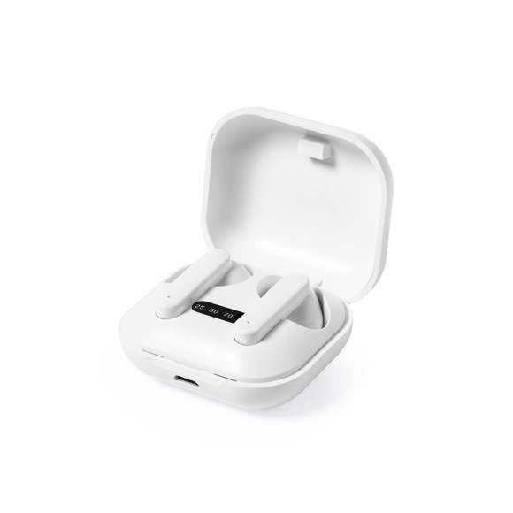 Auriculares intraurales de línea nature y conexión Bluetooth® 5.0, con batería de litio y en elegante acabado de color blanco. Fabricados en ABS reciclado (RABS) y con certificación RCS, que garantiza el origen reciclado del mismo. De diseño ergonómico, incluyen botón de control integrado en el auricular, con base de carga a juego e indicador LED de estado de carga. Función manos libres y recargables, con cable micro USB incluido. Presentados en atractiva caja de diseño eco.