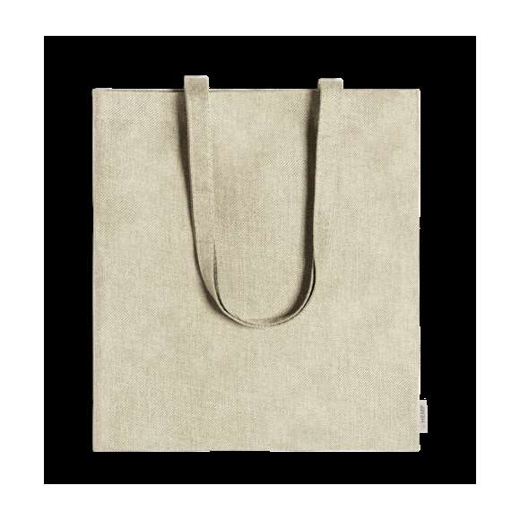 Bolsa de línea nature, fabricada en 100% tela de cáñamo de 200g/m2 obtenida de la planta Cannabis, cuyos procesos tanto de cultivo como de obtención de fibras son respetuosos con el medio ambiente, dando como resultado un tejido de gran resistencia, de origen natural y sostenible. De acabado cosido, con asas largas de 70cm y resistencia hasta 7kg de peso. Distintivo HEMP en etiqueta.