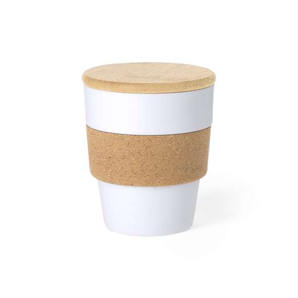 Vaso de línea nature de 350 ml de capacidad. Fabricado en PP veteado, con banda exterior en corcho natural y tapa fabricada en bambú. Con certificación Food Grade, garantizando la seguridad cuando los alimentos entran en contacto con el material usado para fabricar el producto. Presentado en atractiva caja de diseño eco.