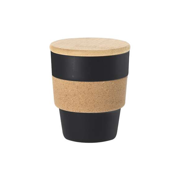 Vaso de línea nature de 350 ml de capacidad. Fabricado en PP veteado, con banda exterior en corcho natural y tapa fabricada en bambú. Con certificación Food Grade, garantizando la seguridad cuando los alimentos entran en contacto con el material usado para fabricar el producto. Presentado en atractiva caja de diseño eco.