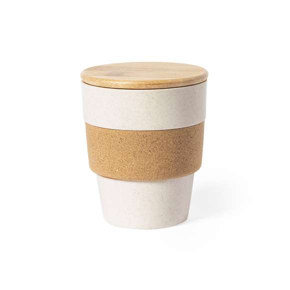 Vaso de línea nature de 350 ml de capacidad. Fabricado en PP veteado, con banda exterior en corcho natural y tapa fabricada en bambú. Con certificación Food Grade, garantizando la seguridad cuando los alimentos entran en contacto con el material usado para fabricar el producto. Presentado en atractiva caja de diseño eco.