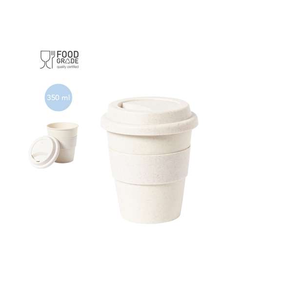 Vaso fabricado en PP veteado y de 350ml de capacidad. Tira antiquemaduras y tapa dosificador en TPR. Certificación Food Grade, garantizando la seguridad cuando los alimentos entran en contacto con el material usado para fabricar el producto.