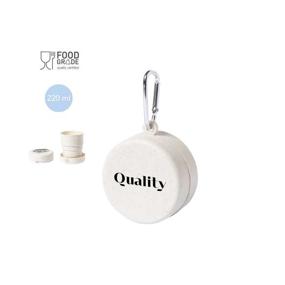 Original vaso plegable para emergencias fabricado en PP veteado libre de BPA. De 220ml de capacidad, con mosquetón metálico de transporte. Certificación Food Grade, garantizando la seguridad cuando los alimentos entran en contacto con el material usado para fabricar el producto.