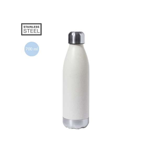Bidón en combinación de PE veteado con base y tapón en acero inox. De 700ml de capacidad, con tapón de seguridad libre de BPA. Certificación Food Grade, garantizando la seguridad cuando los alimentos entran en contacto con el material usado para fabricar el producto.