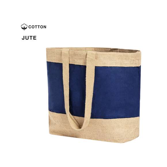 Bolsa en resistente combinación de yute laminado y algodón laminado, con asas de algodón natural. De acabado cosido, con asas largas reforzadas y disponible en amplia gama de colores. Resistencia hasta 10kg de peso.