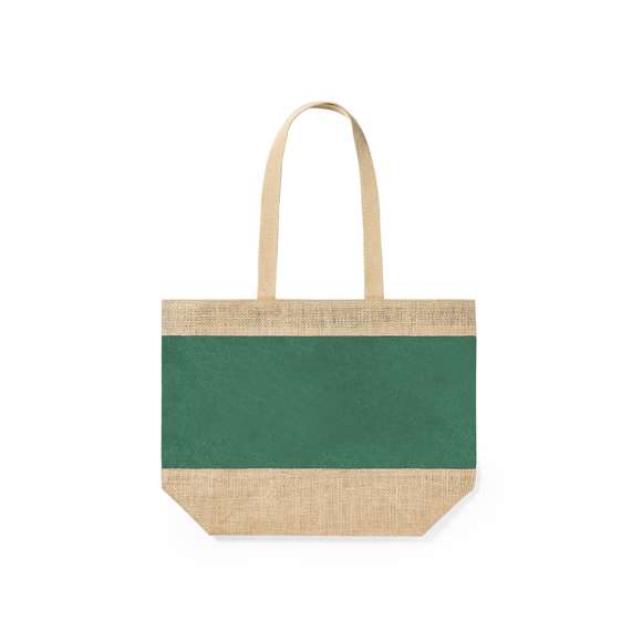 Bolsa en resistente combinación de yute laminado y algodón laminado, con asas de algodón natural. De acabado cosido, con asas largas reforzadas y disponible en amplia gama de colores. Resistencia hasta 10kg de peso.