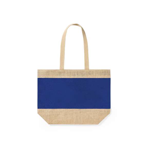 Bolsa en resistente combinación de yute laminado y algodón laminado, con asas de algodón natural. De acabado cosido, con asas largas reforzadas y disponible en amplia gama de colores. Resistencia hasta 10kg de peso.