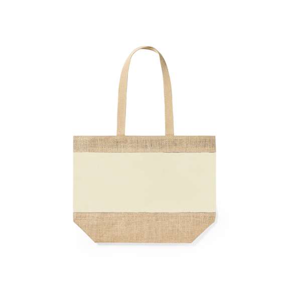 Bolsa en resistente combinación de yute laminado y algodón laminado, con asas de algodón natural. De acabado cosido, con asas largas reforzadas y disponible en amplia gama de colores. Resistencia hasta 10kg de peso.