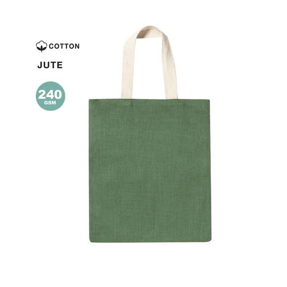 Bolsa en resistente combinación de cuerpo en yute de 240g/m2 y asas de algodón en tono natural. De acabado cosido, con asas medianas reforzadas. Disponible en variada gama de colores, con resistencia hasta 6kg de peso.