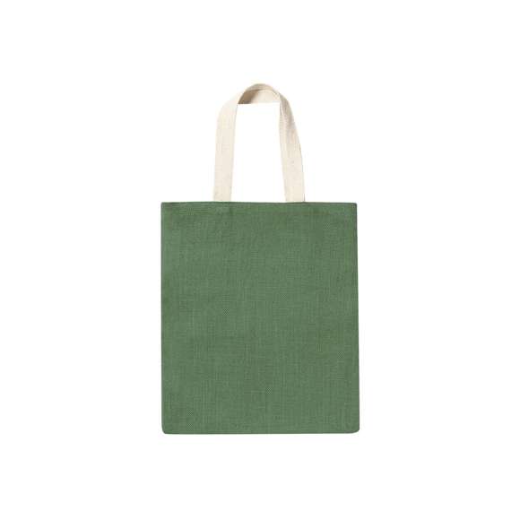 Bolsa en resistente combinación de cuerpo en yute de 240g/m2 y asas de algodón en tono natural. De acabado cosido, con asas medianas reforzadas. Disponible en variada gama de colores, con resistencia hasta 6kg de peso.