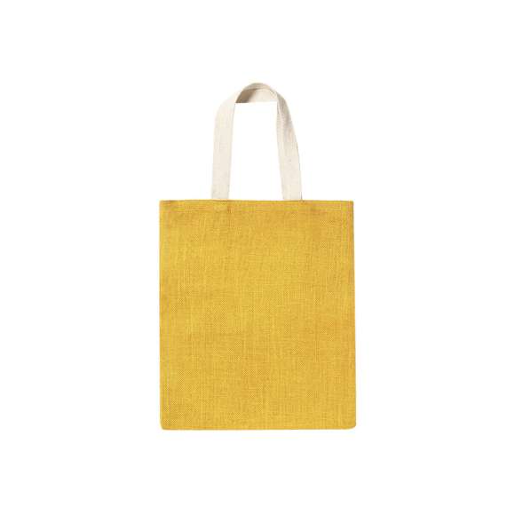 Bolsa en resistente combinación de cuerpo en yute de 240g/m2 y asas de algodón en tono natural. De acabado cosido, con asas medianas reforzadas. Disponible en variada gama de colores, con resistencia hasta 6kg de peso.