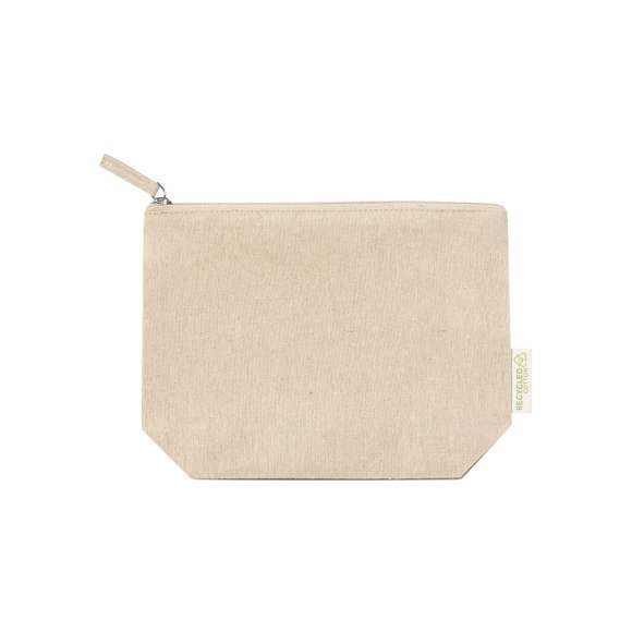 Neceser en resistente material 100% algodón reciclado GRS de 180g/m2. Certificación GRS (Global Recycled Standard / Estándar de Reciclaje Global), que garantiza el origen reciclado del material usado para fabricar el producto. Cierre de cremallera con tirador a juego y distintivo eco en etiqueta exterior.
