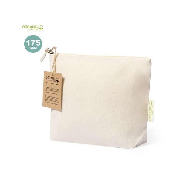 Neceser fabricado en material100% algodón orgánico de 175g/m2 y en tono natural. Con certificación GOTS (Global Organic Textile Standard, ó Norma Mundial de Textiles Orgánicos) que garantiza que los tejidos están hechos de fibras orgánicas. Cierre de cremallera con tirador a juego y distintivo eco en etiqueta exterior. Incluye hangtag de cartón reciclado con distintivo eco.